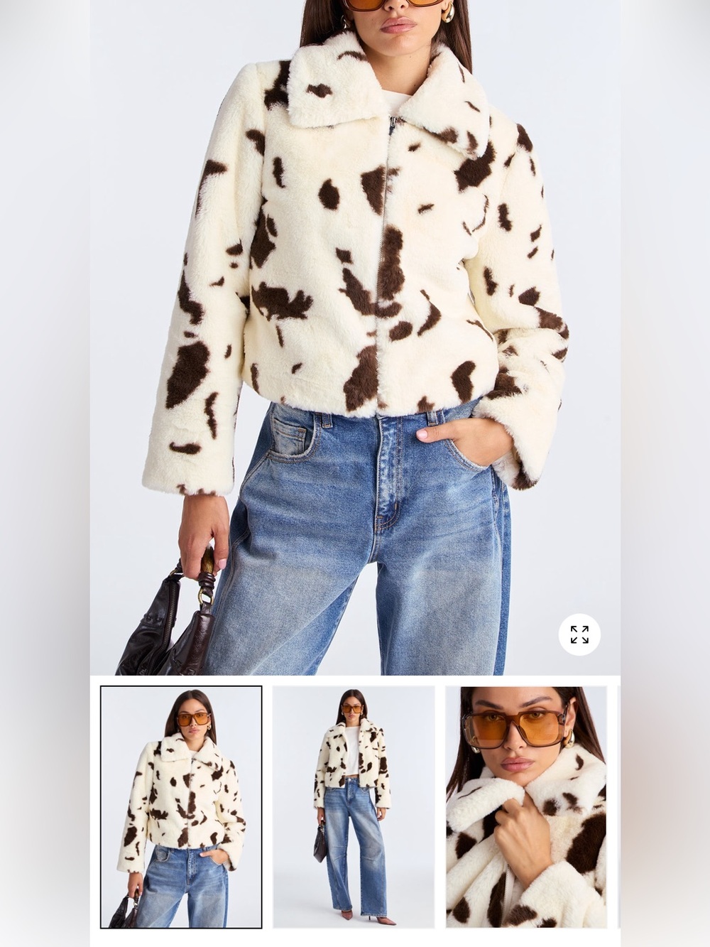 Fashion Nova Cow-Print Teddy Jacket - Cream & Brown